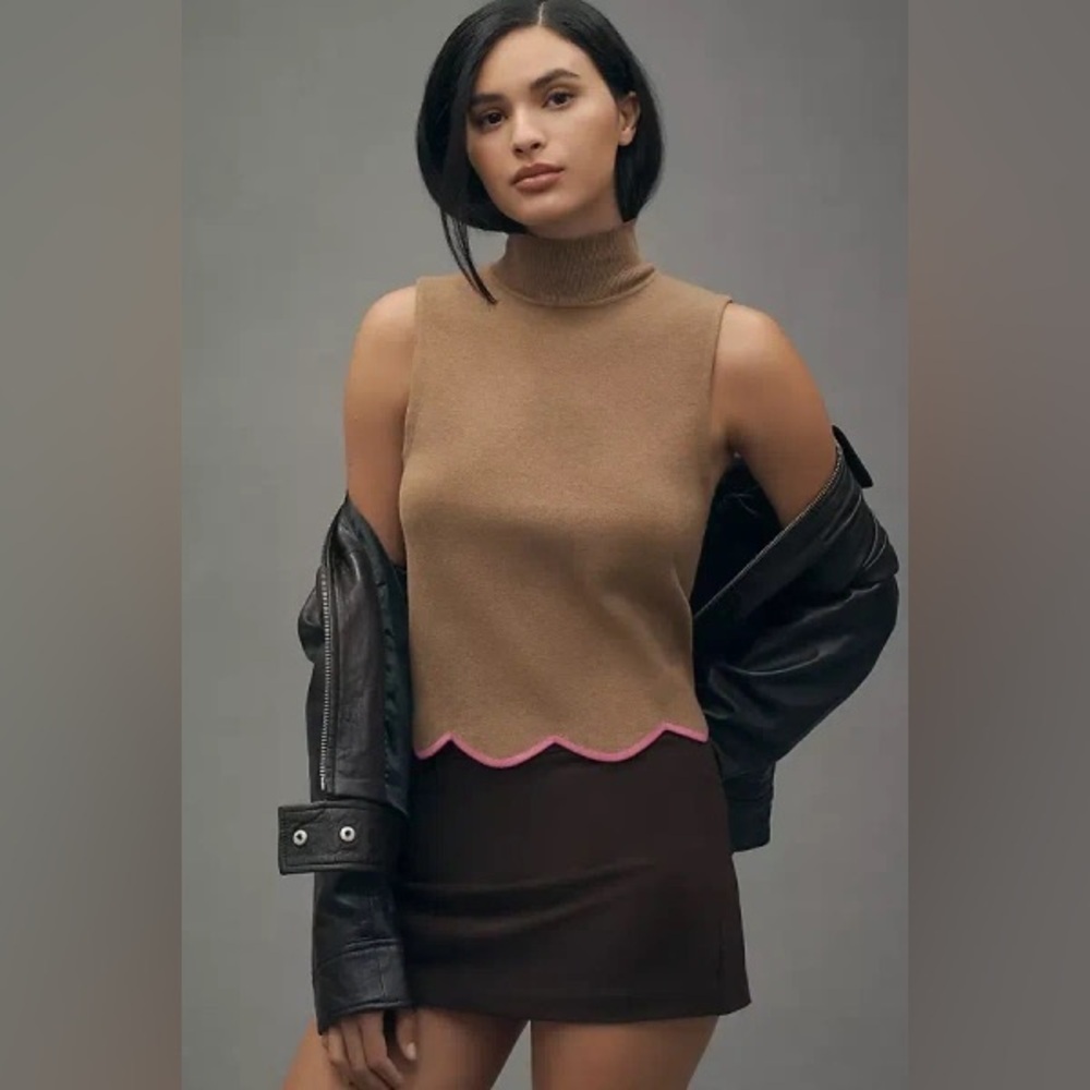 ANTHROPOLOGY MAEVE Sleeveless brown Sweater Mock Turtleneck Pink Trim Sz XL
